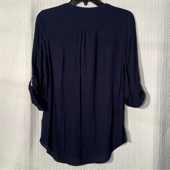 kaari blue / navy blouse with curved bottom and gold buttons size small - Picture 2 of 6